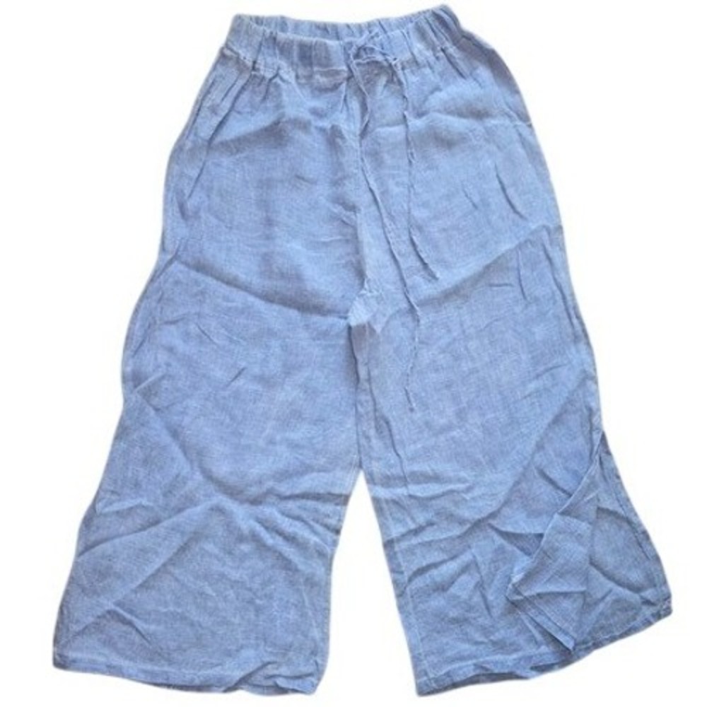 Tempo Paris Italian Linen Wide Leg Pants Blue Drawstring  Made in Italy Size S